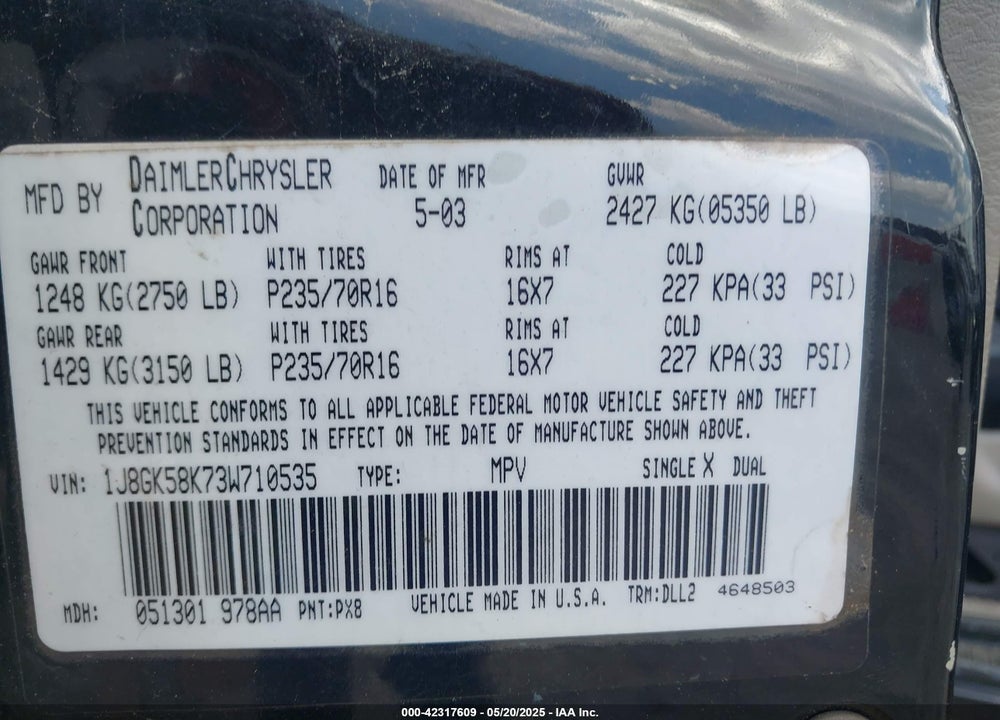 2003 JEEP LIBERTY LIMITED EDITION VIN: 1J8GK58K73W710535