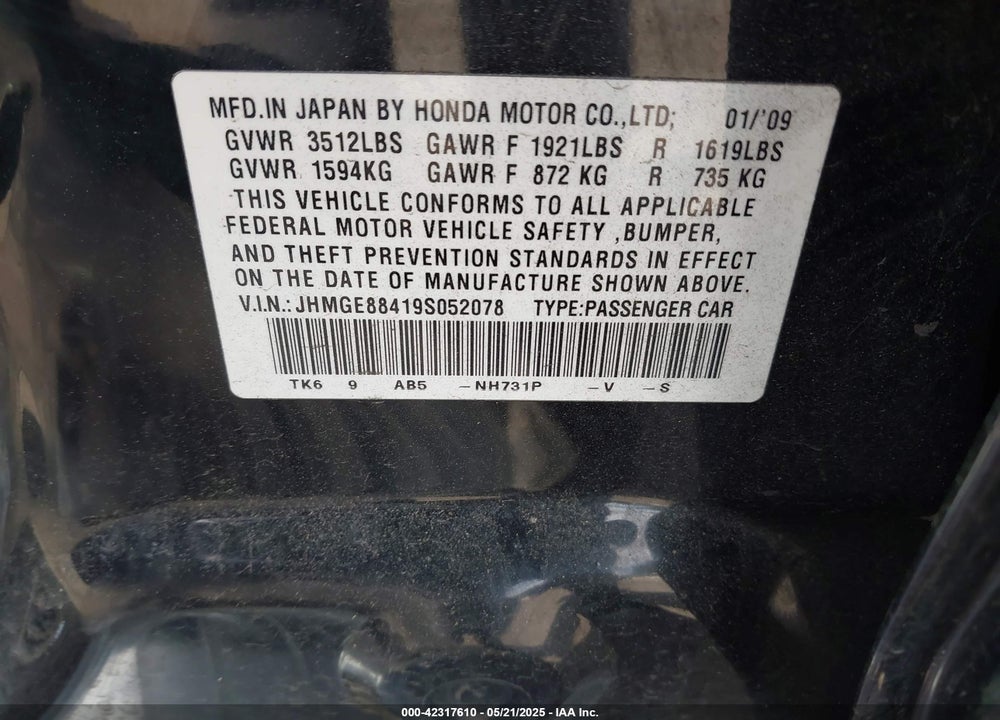 2009 HONDA FIT SPORT VIN: JHMGE88419S052078