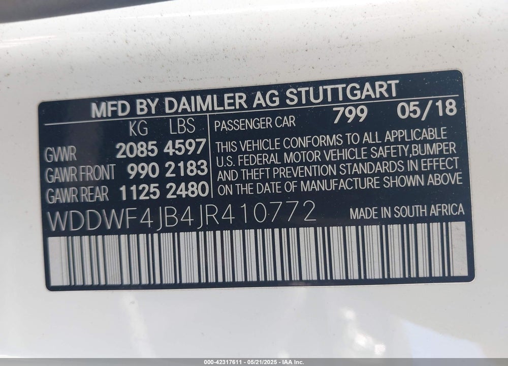 2018 MERCEDES-BENZ C 300 VIN: WDDWF4JB4JR410772