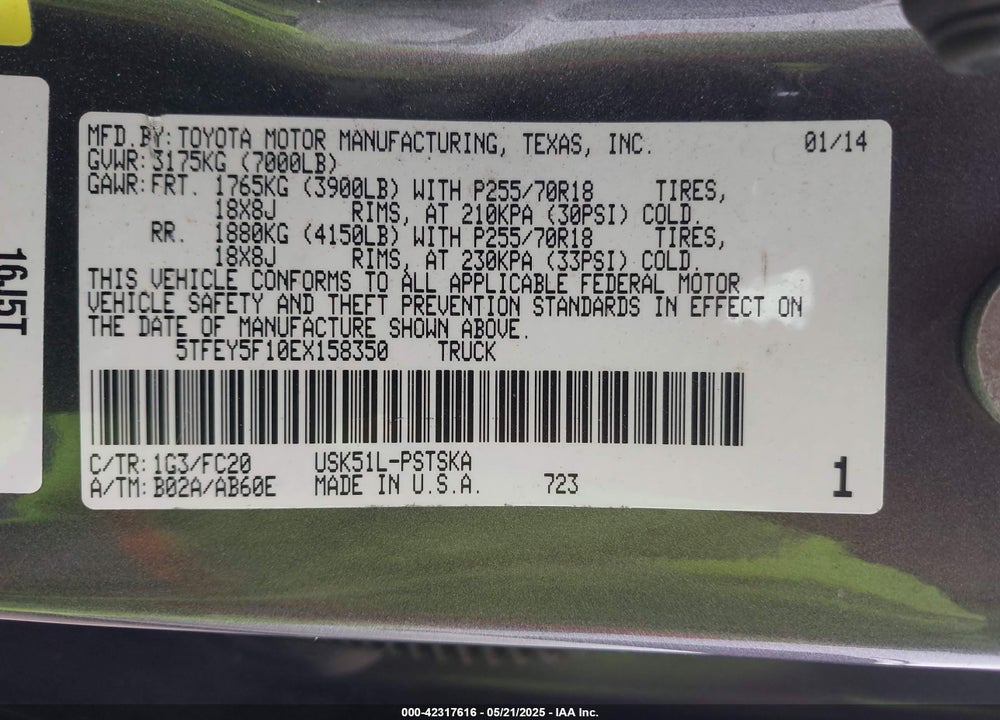 2014 TOYOTA TUNDRA SR5 5.7L V8 VIN: 5TFEY5F10EX158350