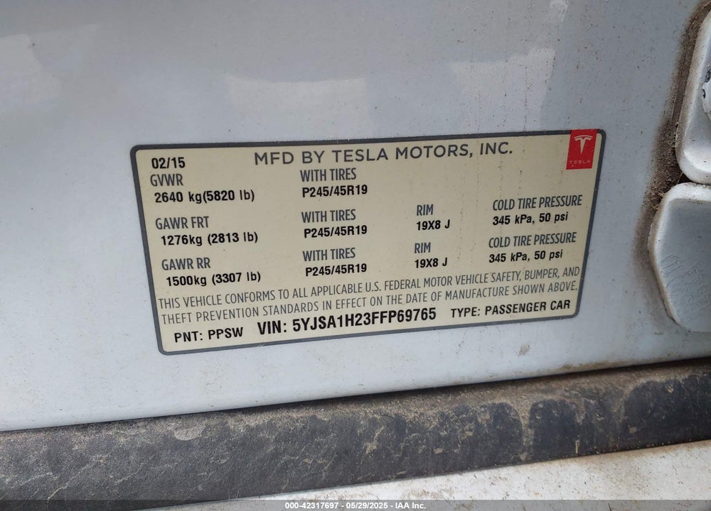 2015 TESLA MODEL S VIN: 5YJSA1H23FFP69765