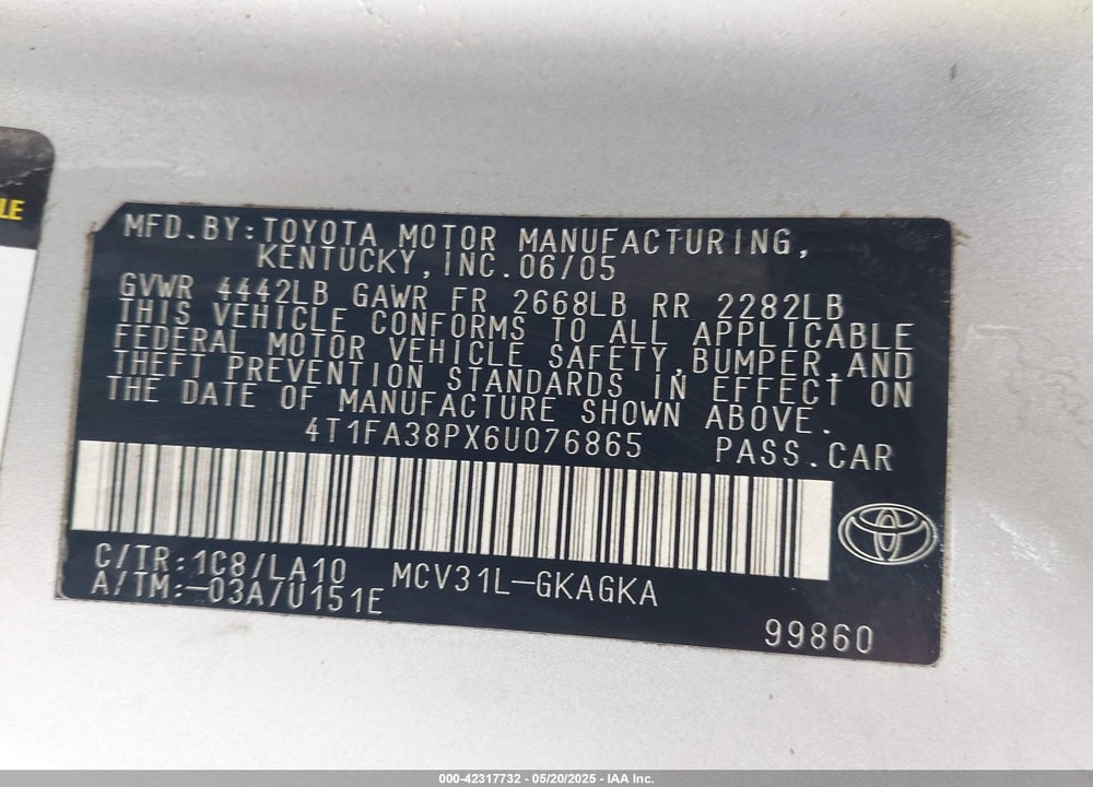 2006 TOYOTA CAMRY SOLARA SLE VIN: 4T1FA38PX6U076865
