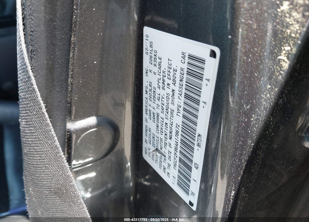 2010 HONDA ACCORD VIN: 1HGCP2F86AA178672