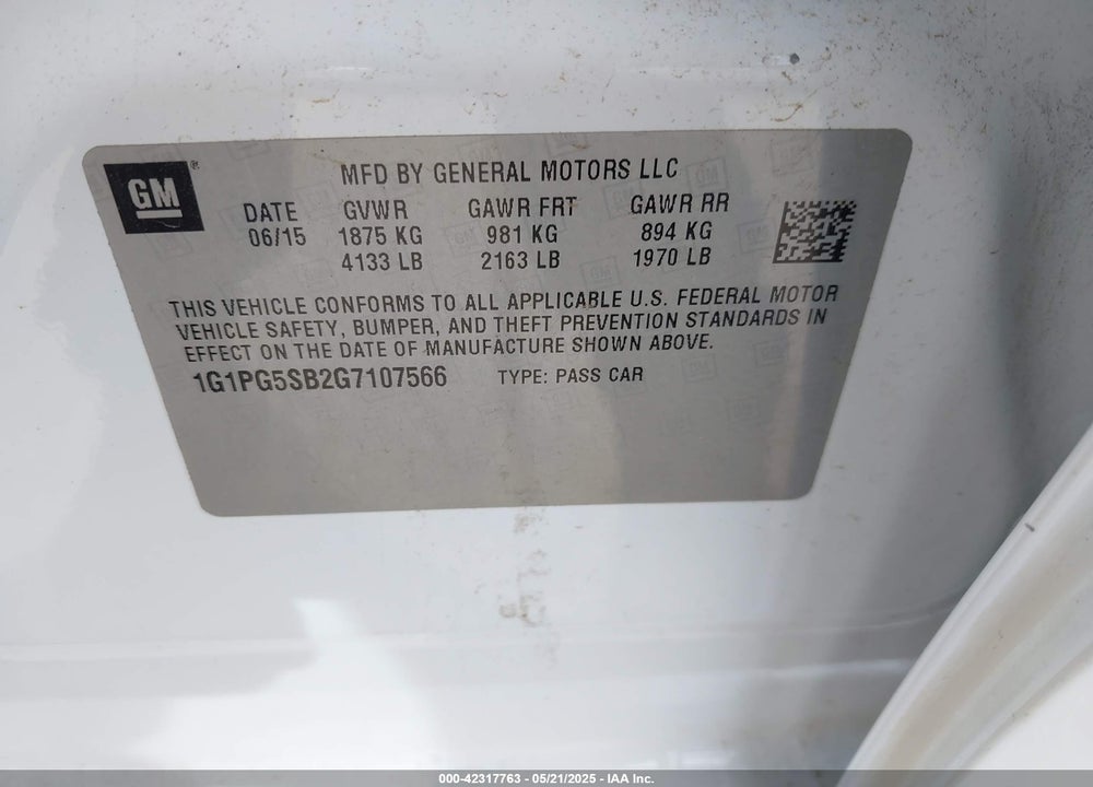 2016 CHEVROLET CRUZE LIMITED VIN: 1G1PG5SB2G7107566