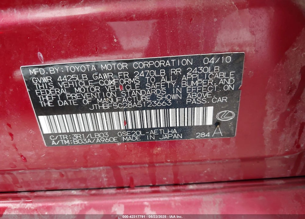 2010 LEXUS IS 250 VIN: JTHBF5C28A5123663