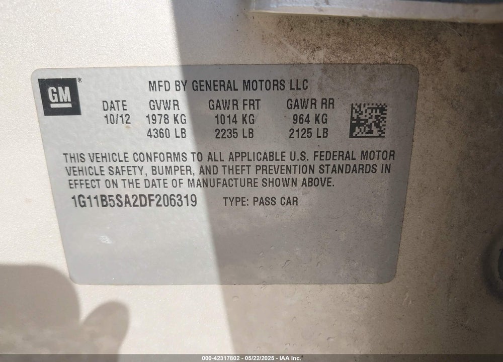 2013 CHEVROLET MALIBU 1LS VIN: 1G11B5SA2DF206319