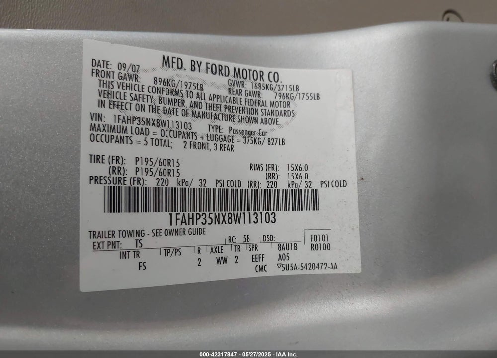 2008 FORD FOCUS VIN: 1FAHP35NX8W113103