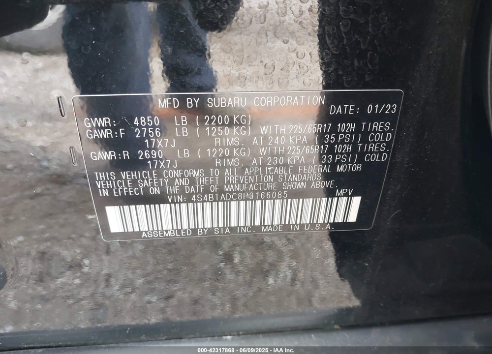 2023 SUBARU OUTBACK PREMIUM VIN: 4S4BTADC8P3166085
