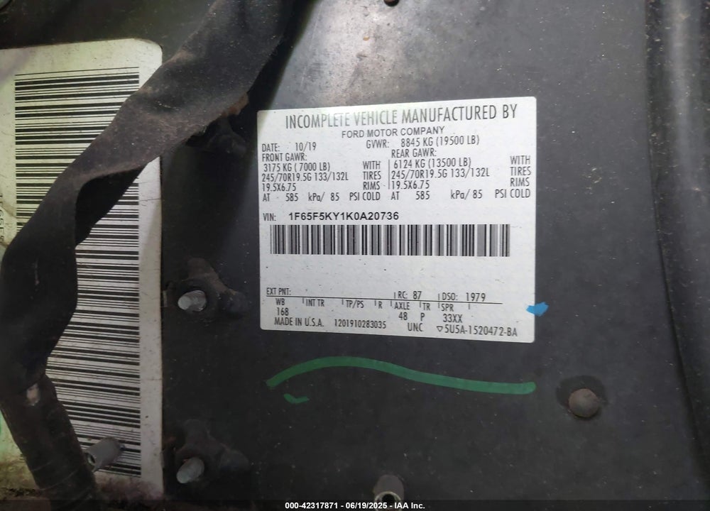 2019 FORD F-59 COMMERCIAL STRIPPED VIN: 1F65F5KY1K0A20736