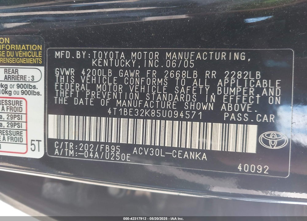 2005 TOYOTA CAMRY LE/SE/STD/XLE VIN: 4T1BE32K85U094571