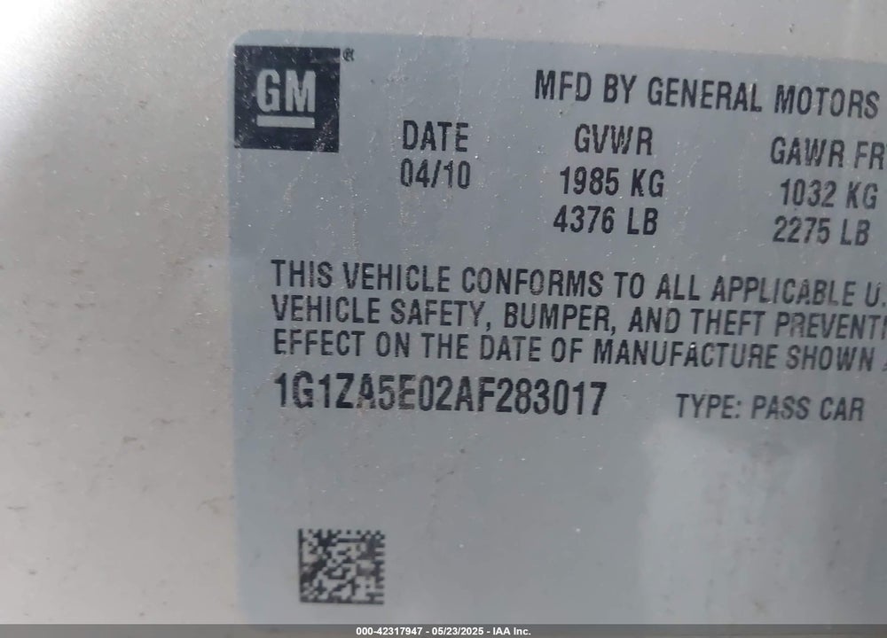 2010 CHEVROLET MALIBU VIN: 1G1ZA5E02AF283017