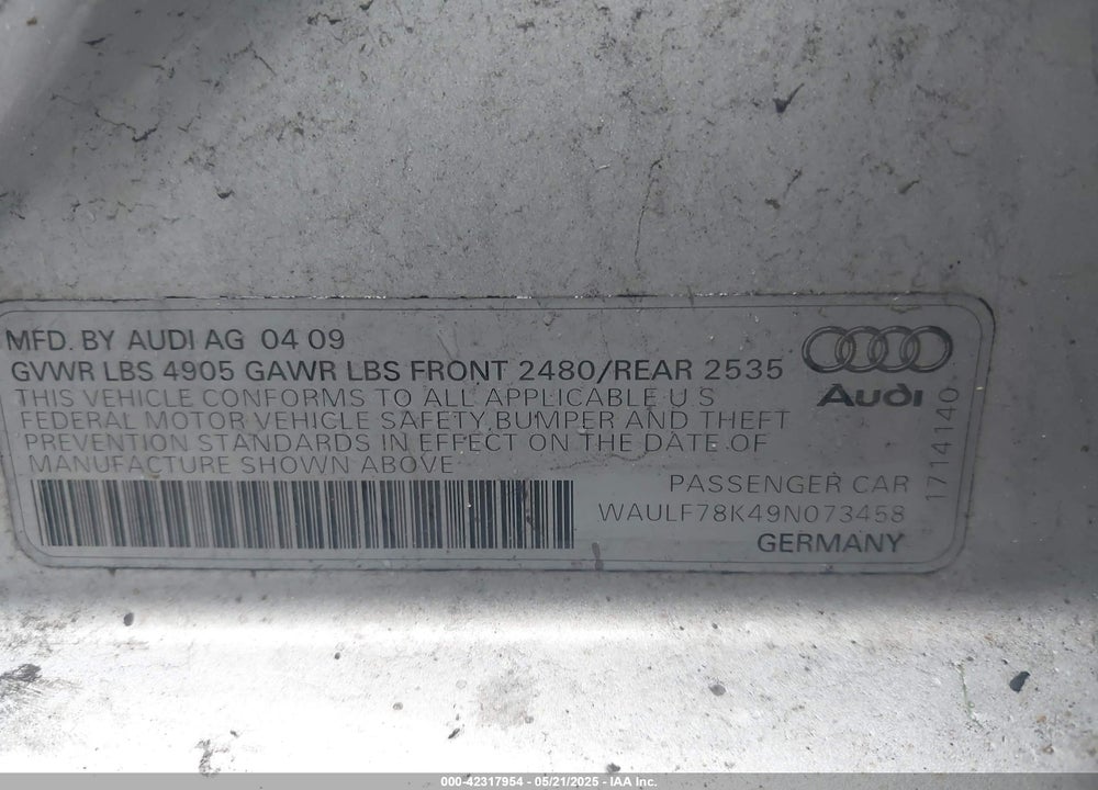2009 AUDI A4 VIN: WAULF78K49N073458