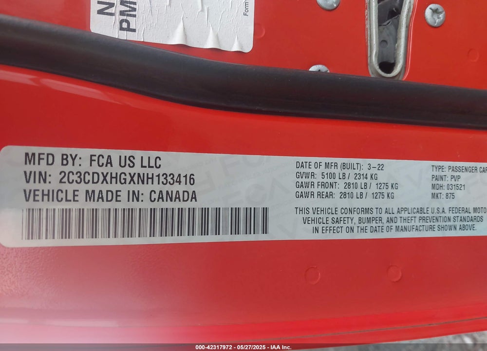 2022 DODGE CHARGER GT RWD VIN: 2C3CDXHGXNH133416