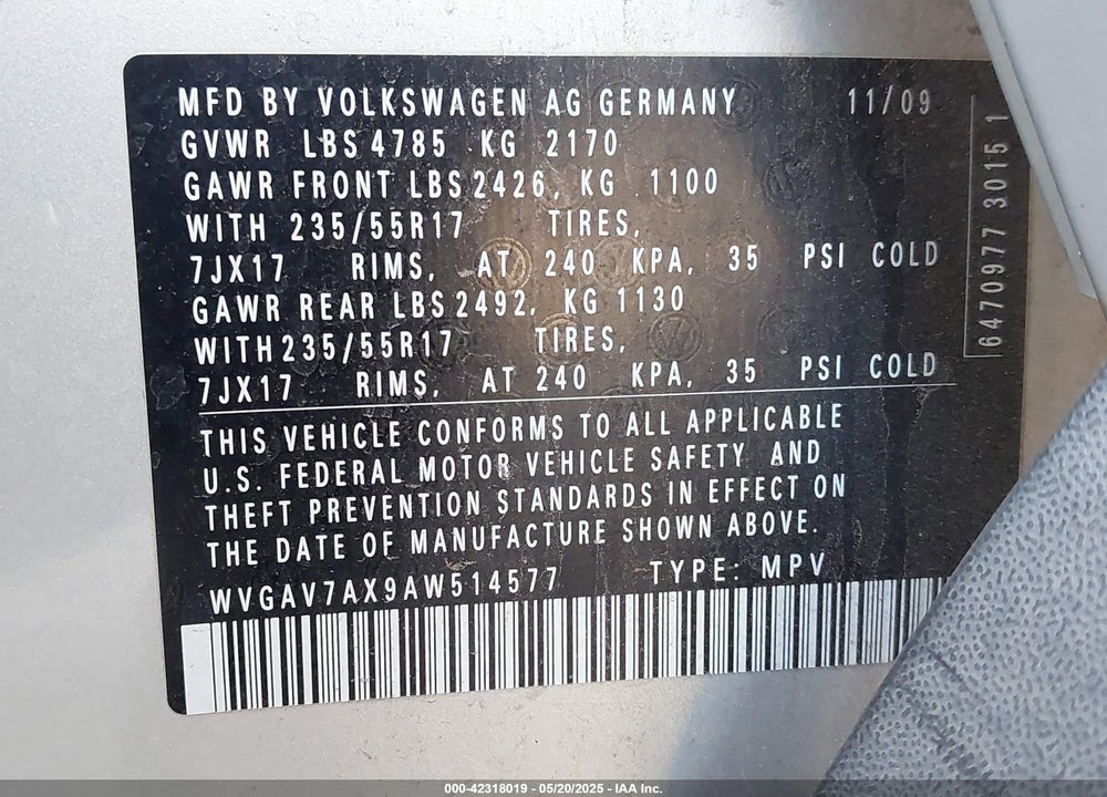 2010 VOLKSWAGEN TIGUAN WOLFSBURG EDITION VIN: WVGAV7AX9AW514577