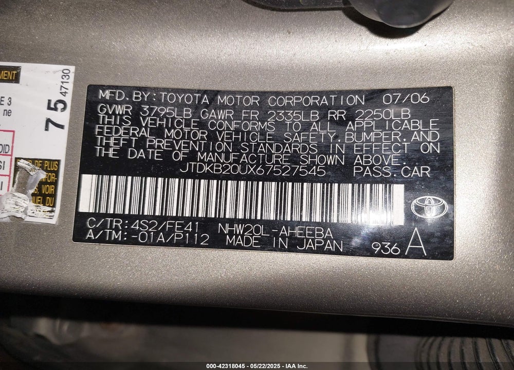 2006 TOYOTA PRIUS VIN: JTDKB20UX67527545