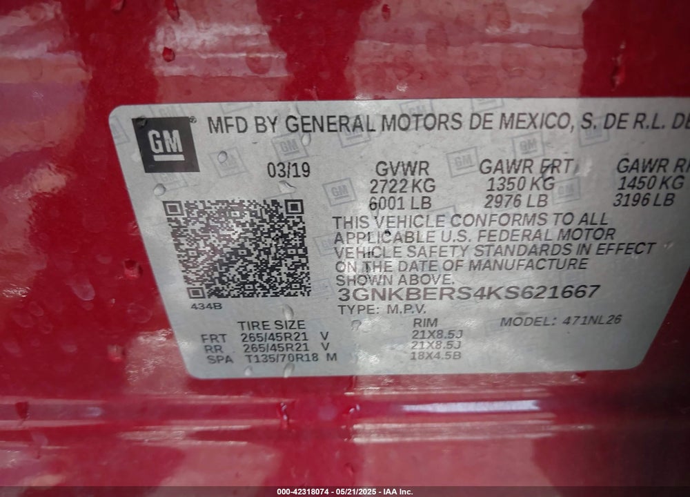 2019 CHEVROLET BLAZER VIN: 3GNKBERS4KS621667
