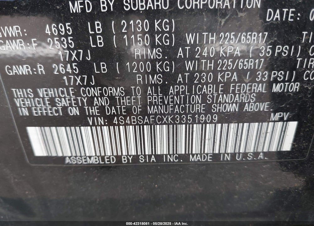 2019 SUBARU OUTBACK VIN: 4S4BSAFCXK3351909