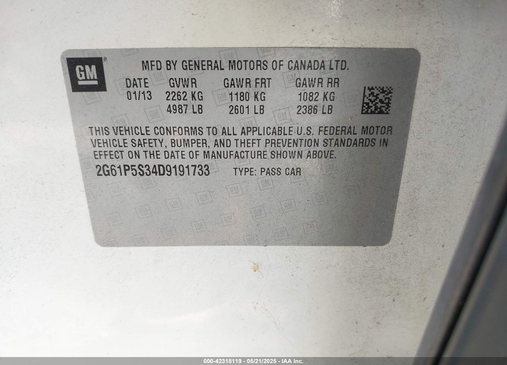 2013 CADILLAC XTS LUXURY VIN: 2G61P5S34D9191733