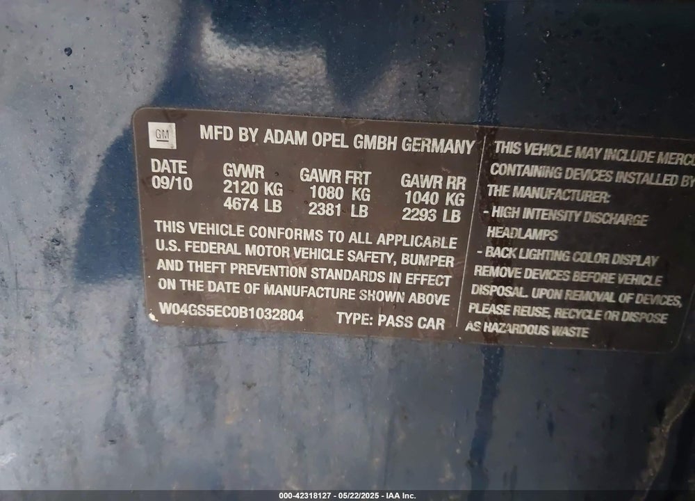 2011 BUICK REGAL VIN: W04GS5EC0B1032804