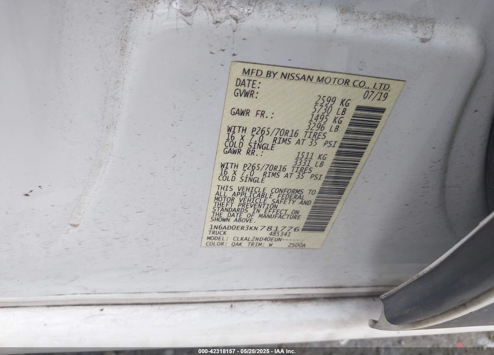 2019 NISSAN FRONTIER VIN: 1N6AD0ER3KN781776