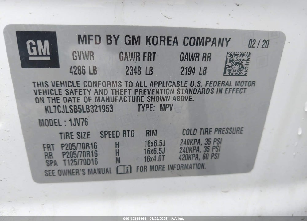 2020 CHEVROLET TRAX FWD LT VIN: KL7CJLSB5LB321953