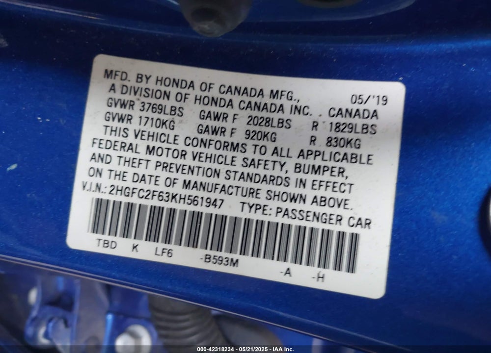 2019 HONDA CIVIC VIN: 2HGFC2F63KH561947