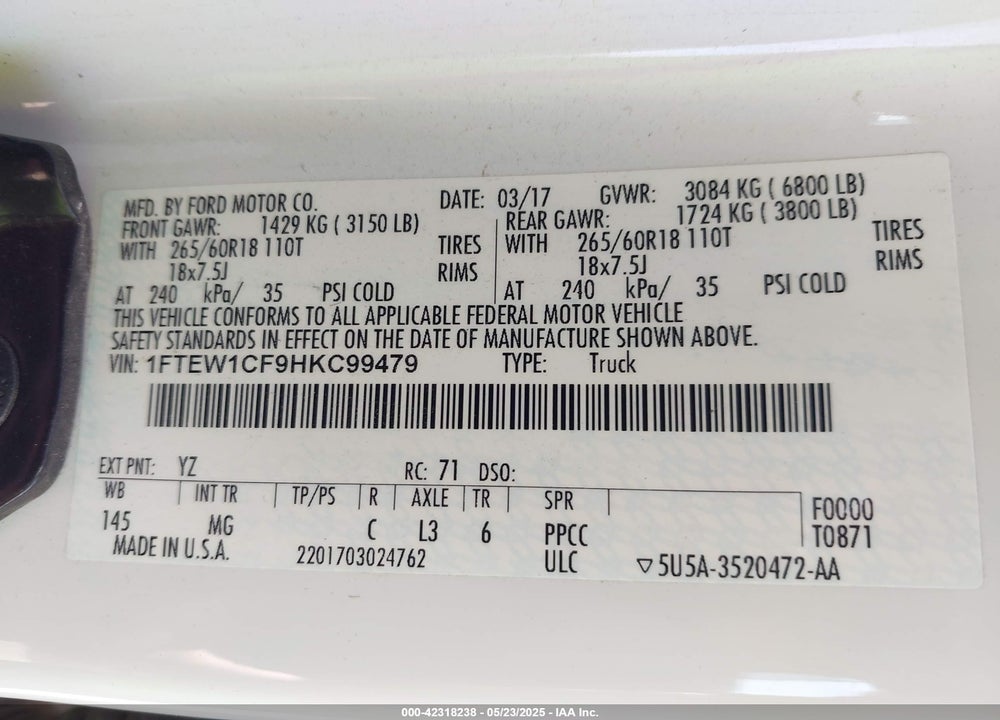 2017 FORD F-150 VIN: 1FTEW1CF9HKC99479