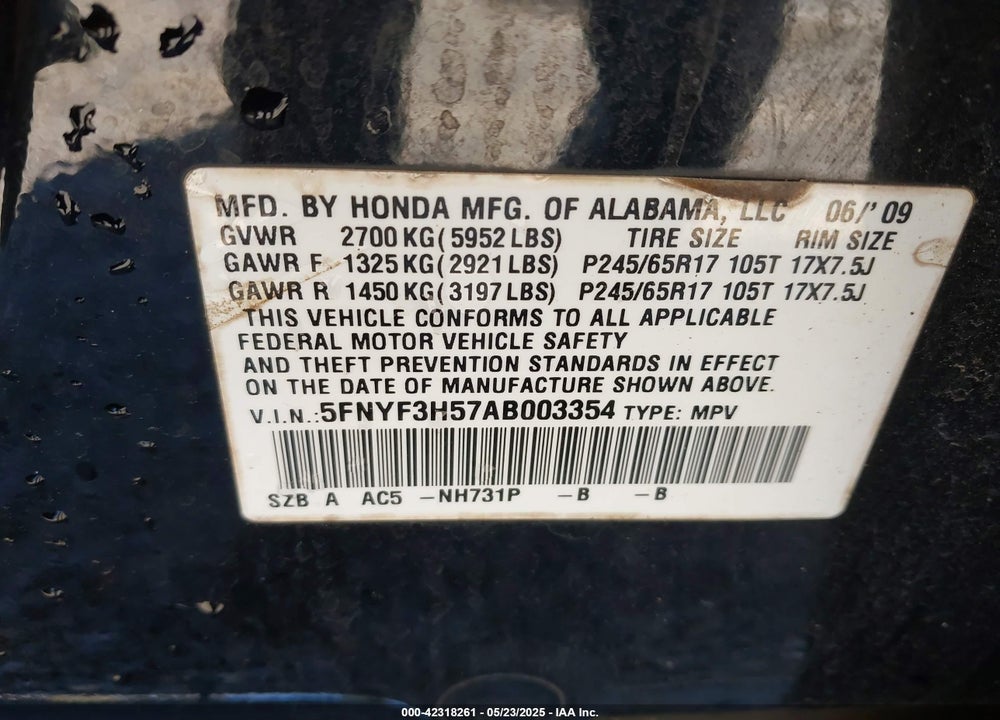 2010 HONDA PILOT VIN: 5FNYF3H57AB003354