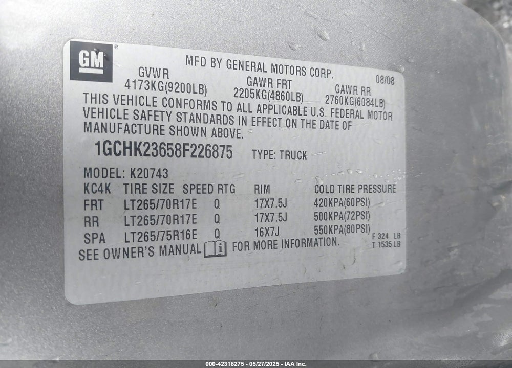 2008 CHEVROLET SILVERADO 2500HD VIN: 1GCHK23658F226875
