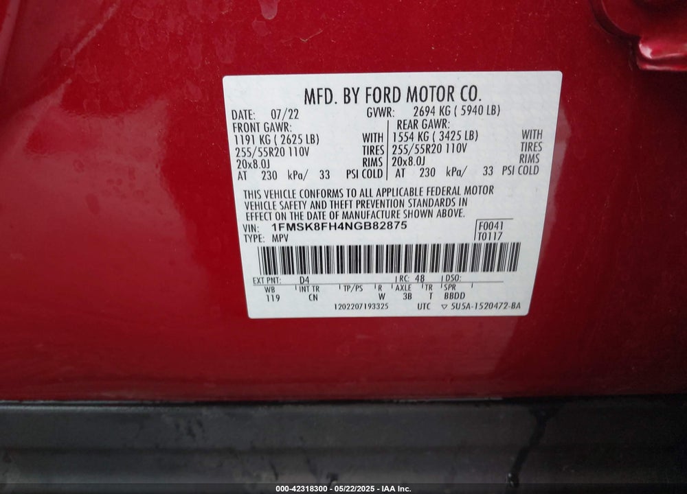2022 FORD EXPLORER VIN: 1FMSK8FH4NGB82875