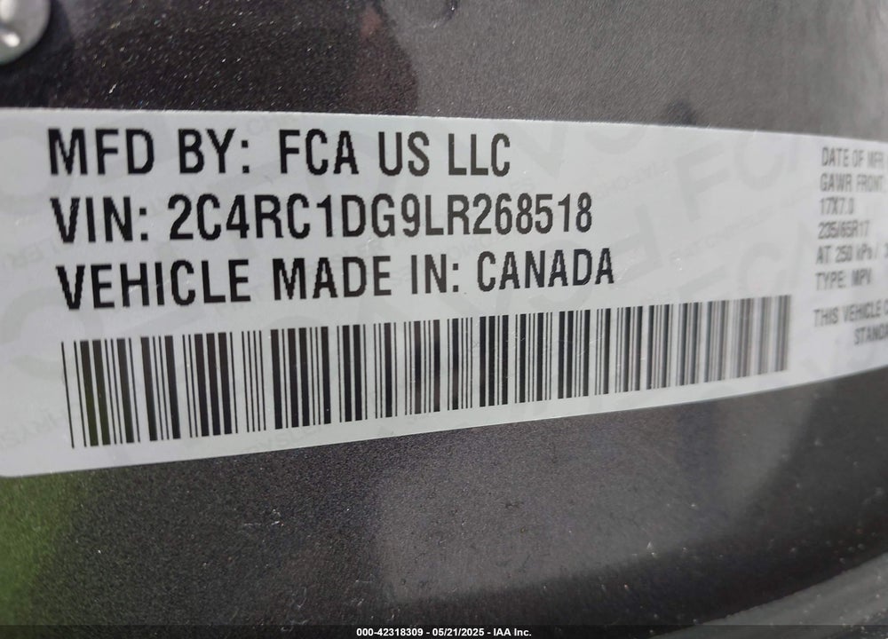 2020 CHRYSLER VOYAGER LXI VIN: 2C4RC1DG9LR268518