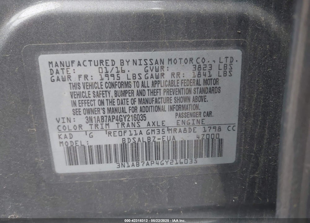 2016 NISSAN SENTRA VIN: 3N1AB7AP4GY216035