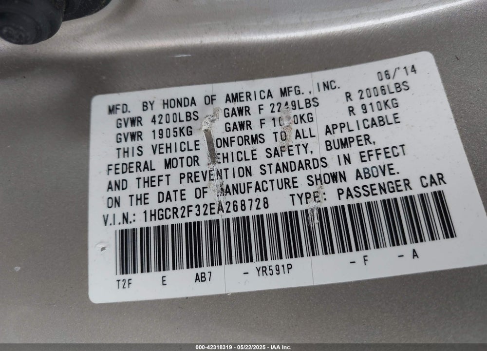 2014 HONDA ACCORD LX VIN: 1HGCR2F32EA268728