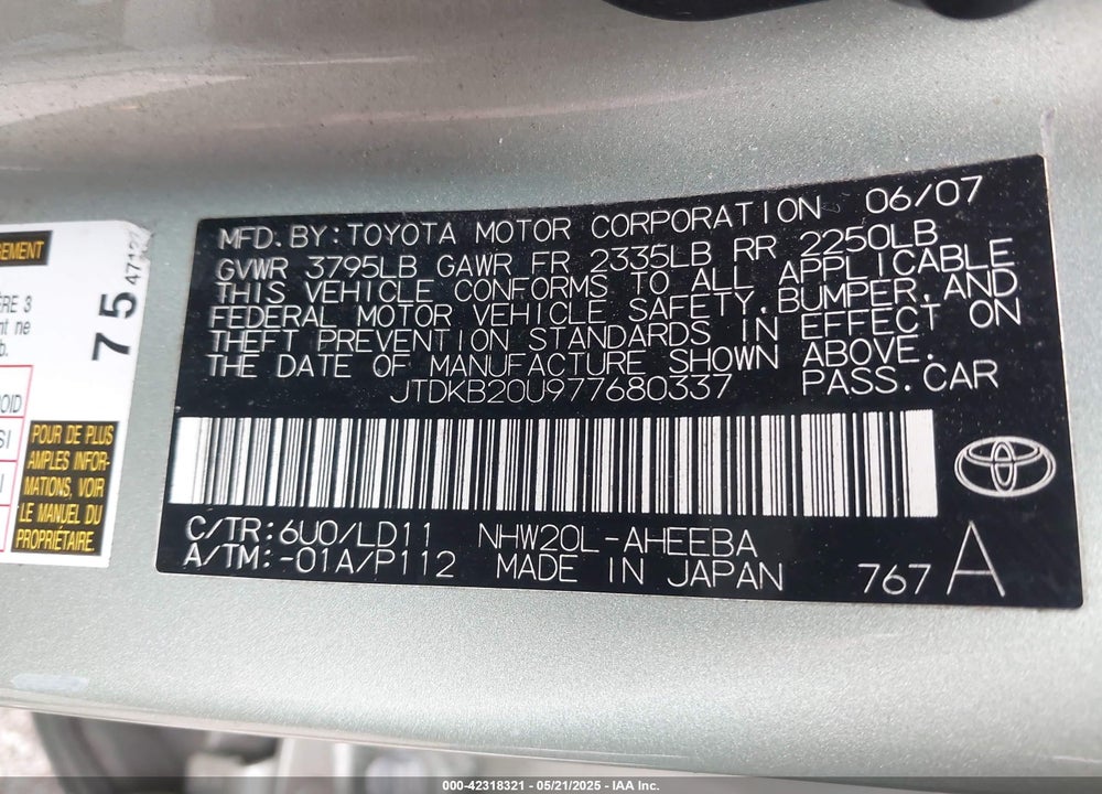 2007 TOYOTA PRIUS VIN: JTDKB20U977680337