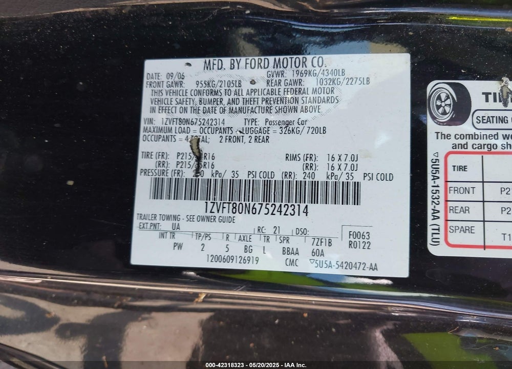 2007 FORD MUSTANG VIN: 1ZVFT80N675242314
