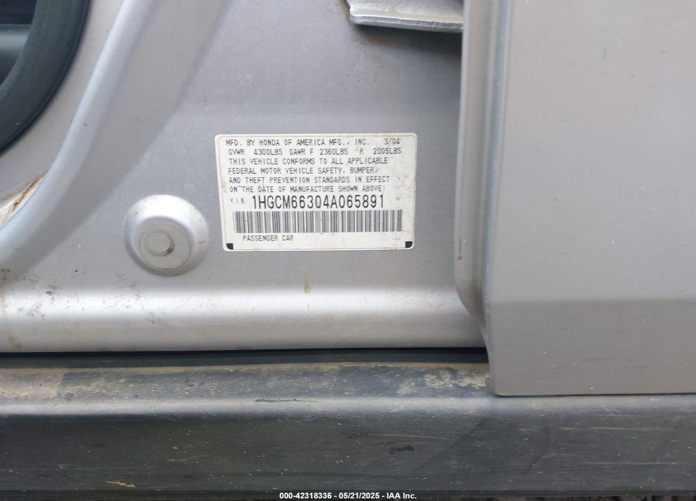 2004 HONDA ACCORD 3.0 LX VIN: 1HGCM66304A065891