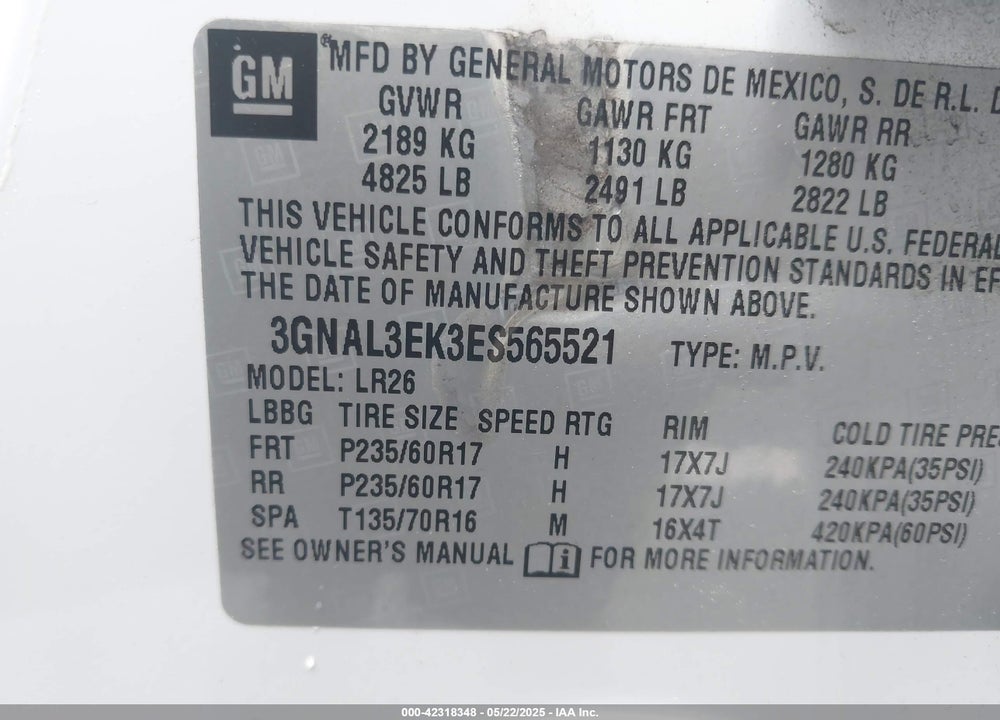 2014 CHEVROLET CAPTIVA SPORT LT VIN: 3GNAL3EK3ES565521