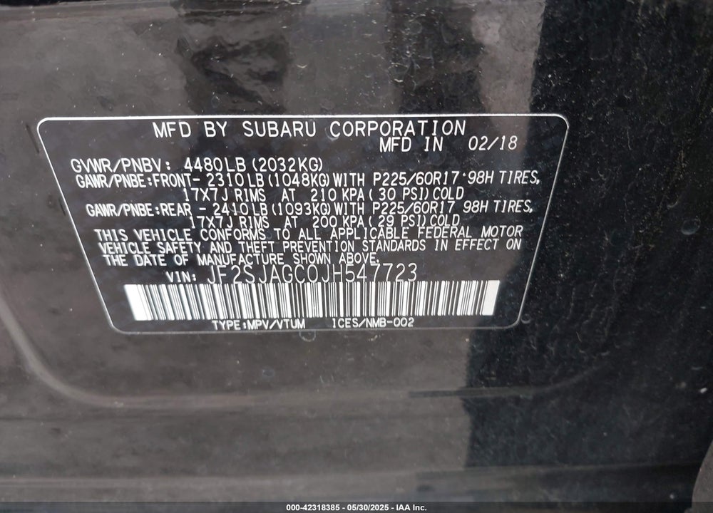 2018 SUBARU FORESTER VIN: JF2SJAGC0JH547723