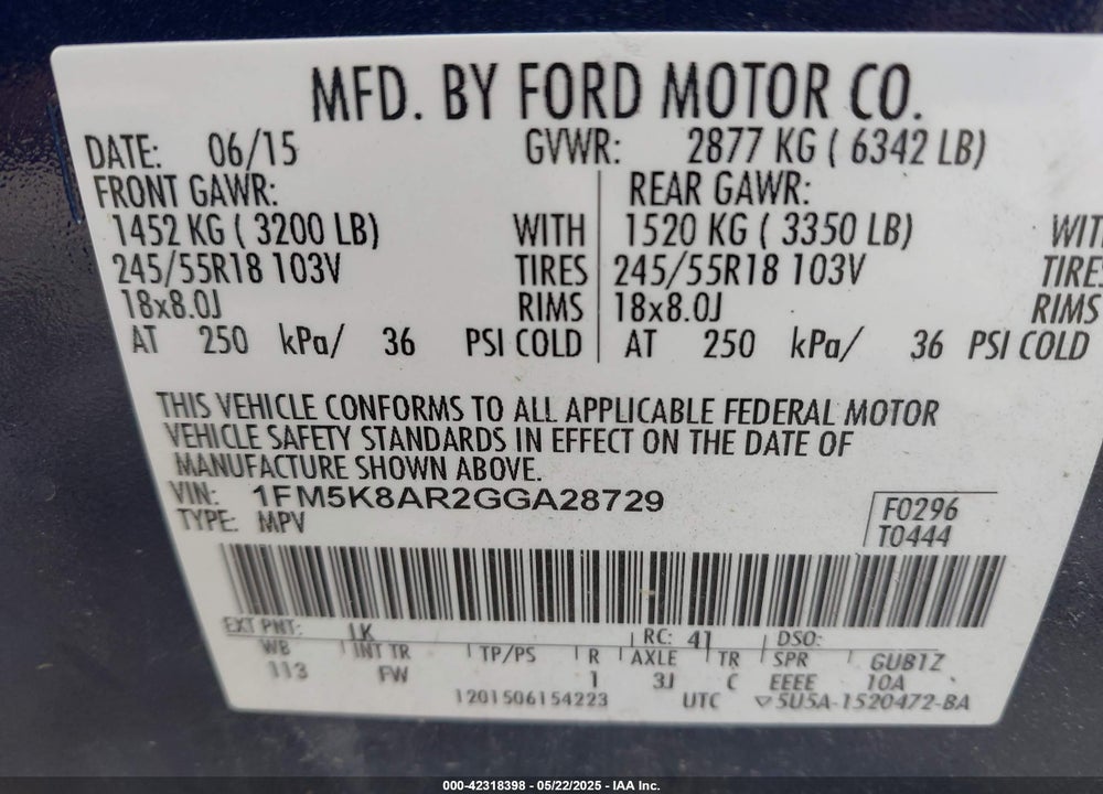2016 FORD POLICE INTERCEPTOR VIN: 1FM5K8AR2GGA28729