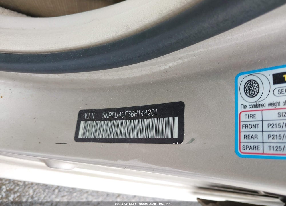 2006 HYUNDAI SONATA VIN: 5NPEU46F36H144201