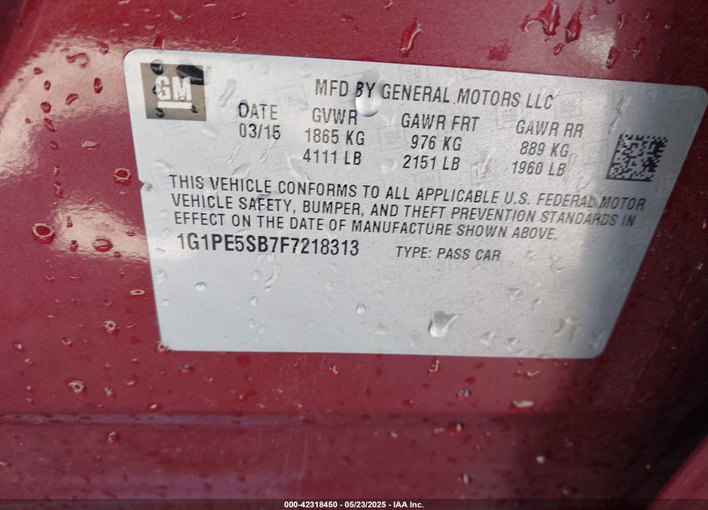 2015 CHEVROLET CRUZE VIN: 1G1PE5SB7F7218313