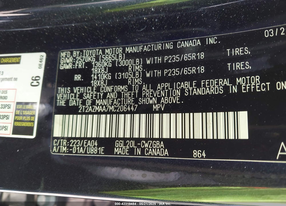 2021 LEXUS RX 350 VIN: 2T2AZMAA7MC206447