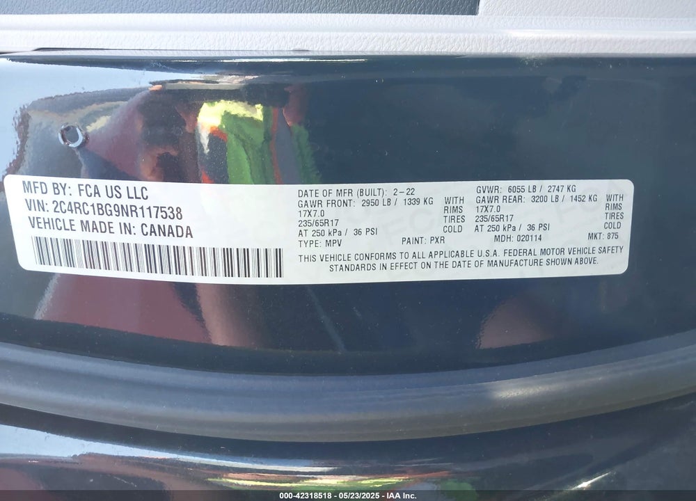 2022 CHRYSLER PACIFICA VIN: 2C4RC1BG9NR117538
