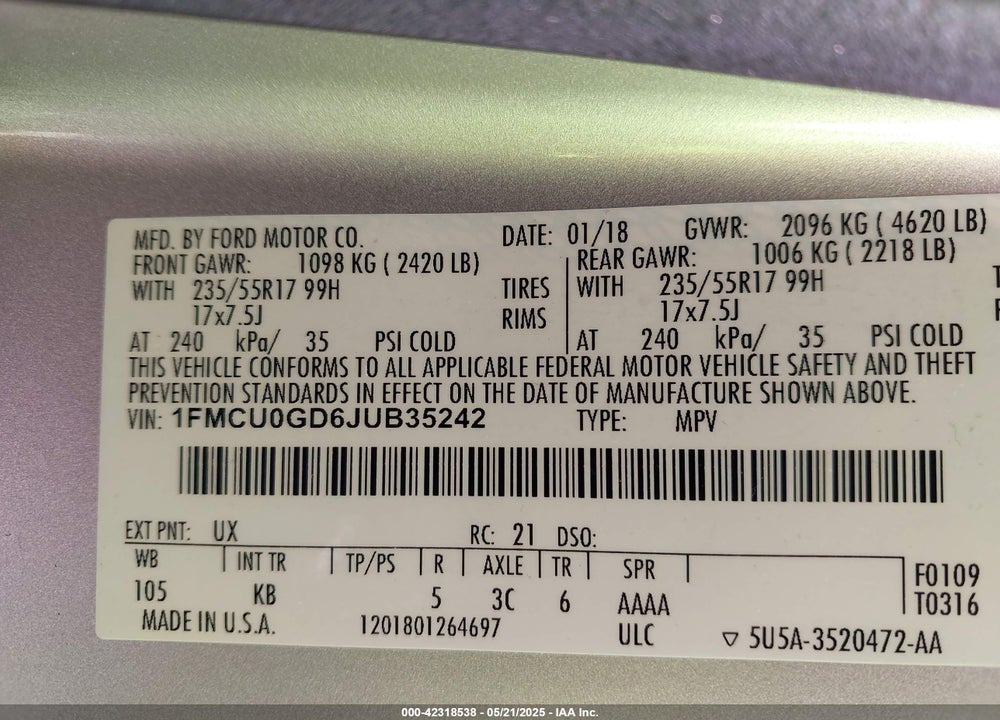 2018 FORD ESCAPE VIN: 1FMCU0GD6JUB35242