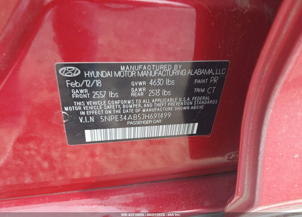 2018 HYUNDAI SONATA LIMITED 2.0T VIN: 5NPE34AB5JH691499