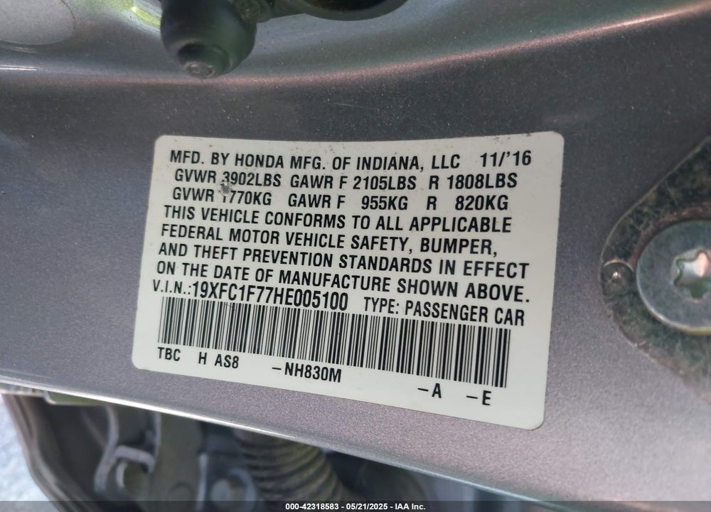 2017 HONDA CIVIC VIN: 19XFC1F77HE005100