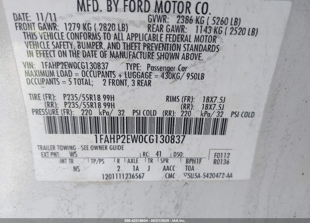 2012 FORD TAURUS VIN: 1FAHP2EW0CG130837