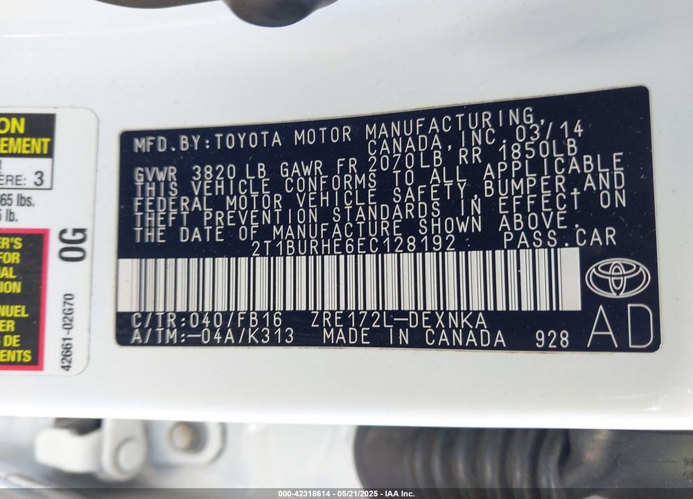 2014 TOYOTA COROLLA VIN: 2T1BURHE6EC128192