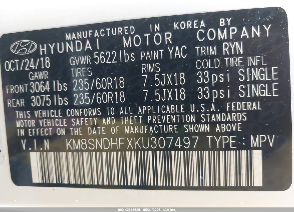 2019 HYUNDAI SANTA FE XL VIN: KM8SNDHFXKU307497