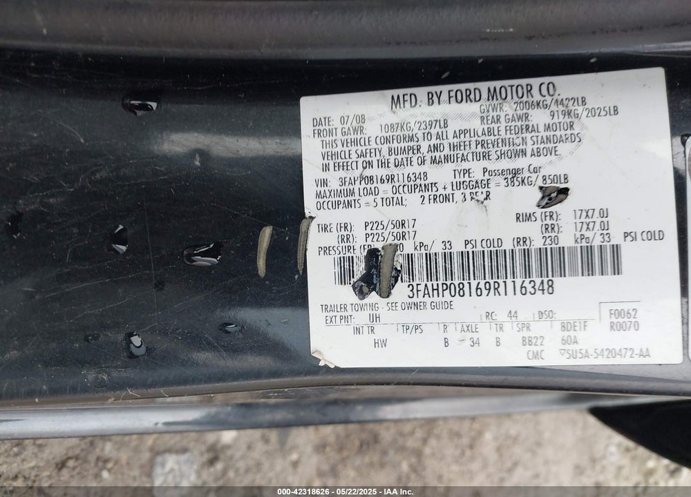 2009 FORD FUSION VIN: 3FAHP08169R116348